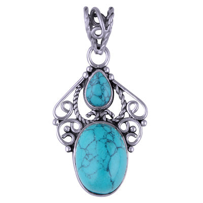 Gorgeous Handwork Around Turquoise Pear,Oval Shape 925 Sterling Solid Silver Pendant - R101414-4