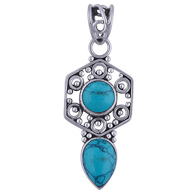 Edgy Beautiful Handwork Around Turquoise Round & Pear Shape 925 Sterling Solid Silver Pendant - R101416-31