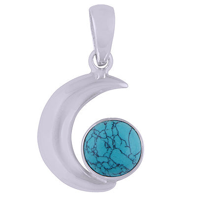 Beautiful Crescent Moon Around Turquoise Round Shape 925 Sterling Solid Silver Pendant - R101420-23