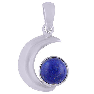 Beautiful Crescent Moon Around Lapis Round Shape 925 Sterling Solid Silver Pendant - R101420-24