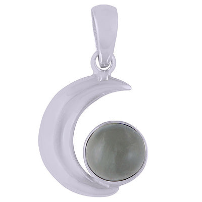 Beautiful Crescent Moon Around Prehnite Round Shape 925 Sterling Solid Silver Pendant - R101420-25