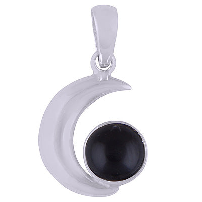 Beautiful Crescent Moon Around Black Onyx Round Shape 925 Sterling Solid Silver Pendant - R101420-8