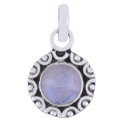 Elegant Rawa Work Rainbow Moonstone Round Shape 925 Sterling Solid Silver Pendant - R101530-10