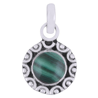 Elegant Rawa Work Malachite Round Shape 925 Sterling Solid Silver Pendant - R101530-31