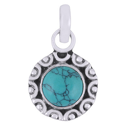 Elegant Rawa Work Turquoise Round Shape 925 Sterling Solid Silver Pendant - R101530-7