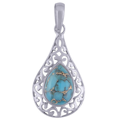 Gorgeous Handcrafted Work Around Blue Copper Turquoise Pear Shape 925 Sterling Solid Silver Pendant - R101534-26
