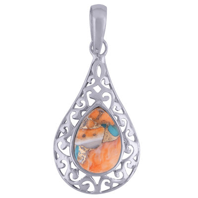 Gorgeous Handcrafted Work Around Spiny Oyster Copper Turquoise Pear Shape 925 Sterling Solid Silver Pendant - R101534-27