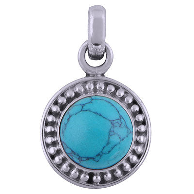 Beautifully Handcrafted Rawa Work Around Turquoise Round Shape 925 Sterling Solid Silver Pendant - R101536-6