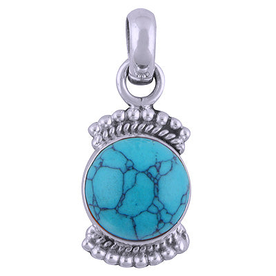 Alluring Rawa Work Around Turquoise Round Shape 925 Sterling Solid Silver Pendant - R101538-6