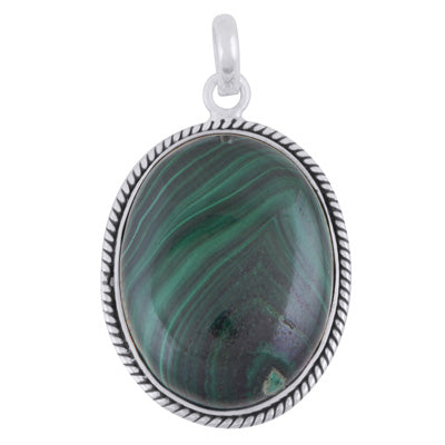 Authentic Wire Work Around Malachite Oval Shape 925 Sterling Solid Silver Pendant - R101574-92