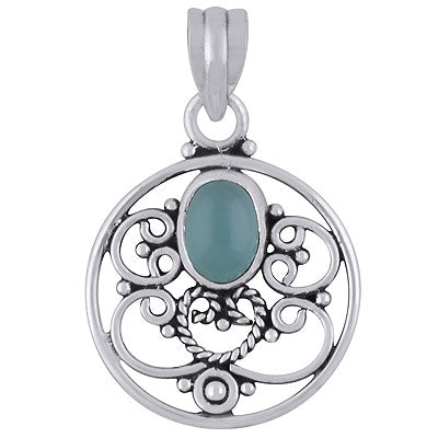 Alluring Rawa & Wire Work Around Aqua Chalcedony Oval Shape 925 Sterling Solid Silver Pendant - R101604-70