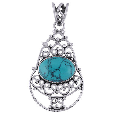 Gorgeous Wire & Rawa Work Around Turquoise Oval Shape 925 Sterling Solid Silver Pendant - R101689-1
