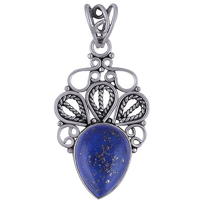 Beautifully Handcrafted Work Lapis Pear Shape 925 Sterling Solid Silver Pendant - R101690-6