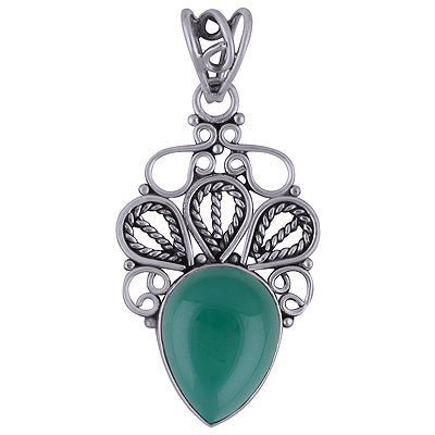Beautifully Handcrafted Work Green Onyx Pear Shape 925 Sterling Solid Silver Pendant - R101690-8