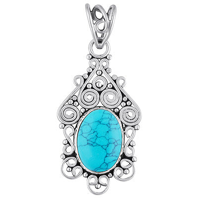 Alluring Handcrafted Work Around Turquoise Oval Shape 925 Sterling Solid Silver Pendant - R101691-1