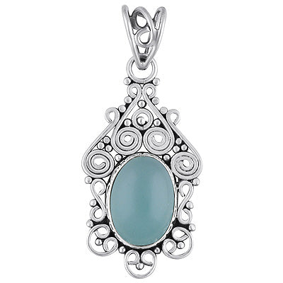 Alluring Handcrafted Work Around Aqua Chalcedony Oval Shape 925 Sterling Solid Silver Pendant - R101691-10