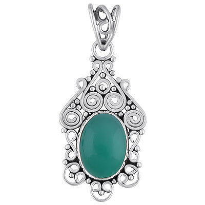 Alluring Handcrafted Work Around Green Onyx Oval Shape 925 Sterling Solid Silver Pendant - R101691-14