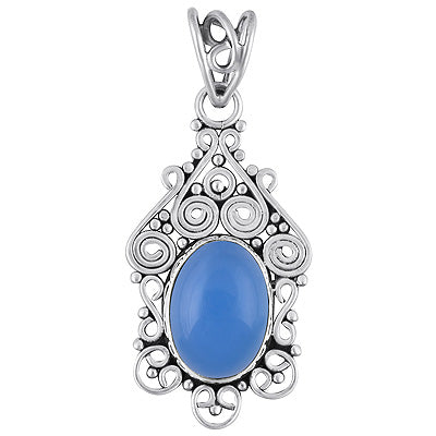Alluring Handcrafted Work Around Blue Chalcedony Oval Shape 925 Sterling Solid Silver Pendant - R101691-15