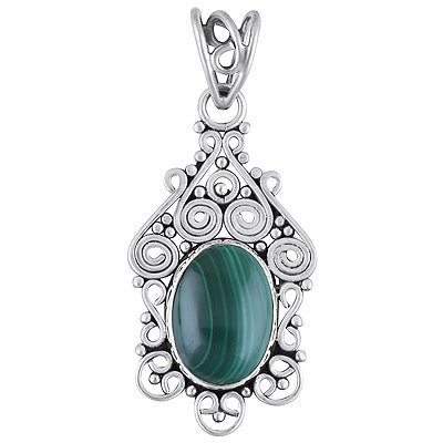 Alluring Handcrafted Work Around Malachite Oval Shape 925 Sterling Solid Silver Pendant - R101691-9