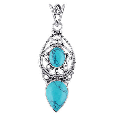 Beautiful Rawa & Wire Work Around Turquoise Oval,Pear Shape 925 Sterling Solid Silver Pendant - R101693-1