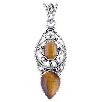 Beautiful Rawa & Wire Work Around Tiger's Eye Oval,Pear Shape 925 Sterling Solid Silver Pendant - R101693-15