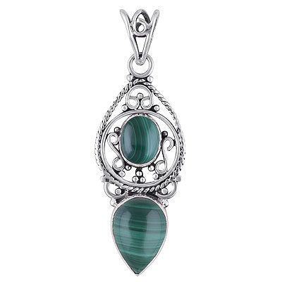 Beautiful Rawa & Wire Work Around Malachite Oval,Pear Shape 925 Sterling Solid Silver Pendant - R101693-16