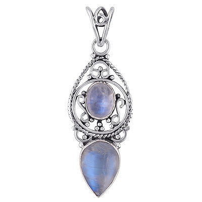 Beautiful Rawa & Wire Work Around Rainbow Moonstone Oval,Pear Shape 925 Sterling Solid Silver Pendant - R101693-3