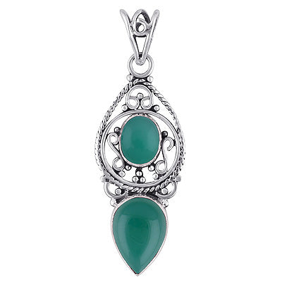Beautiful Rawa & Wire Work Around Green Onyx Oval,Pear Shape 925 Sterling Solid Silver Pendant - R101693-9