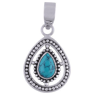 Stunning Handcrafted Rawa Work Around Turquoise Pear Shape 925 Sterling Solid Silver Pendant - R101696-8