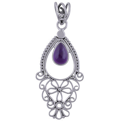 Beautiful Handmade Jali Work Amethyst Pear Shape 925 Sterling Solid Silver Pendant - R101710-1