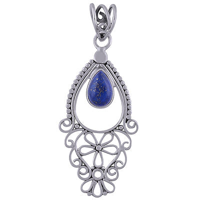 Beautiful Handmade Jali Work Lapis Pear Shape 925 Sterling Solid Silver Pendant - R101710-16