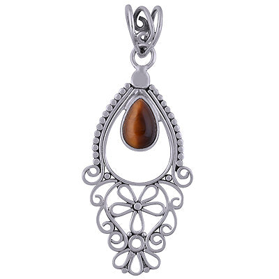 Beautiful Handmade Jali Work Tiger's Eye Pear Shape 925 Sterling Solid Silver Pendant - R101710-17