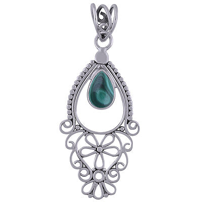 Beautiful Handmade Jali Work Malachite Pear Shape 925 Sterling Solid Silver Pendant - R101710-21