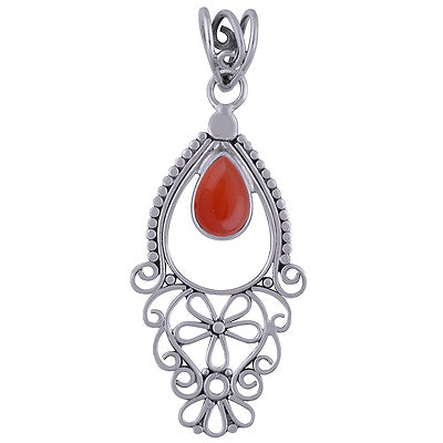Beautiful Handmade Jali Work Carnelian Pear Shape 925 Sterling Solid Silver Pendant - R101710-22