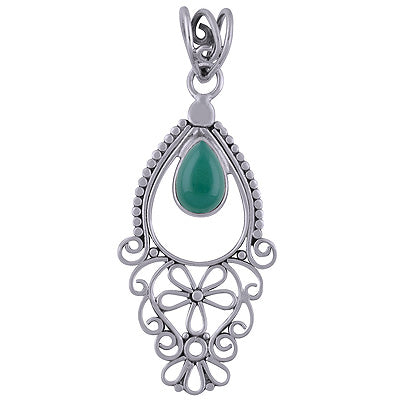 Beautiful Handmade Jali Work Green Onyx Pear Shape 925 Sterling Solid Silver Pendant - R101710-23