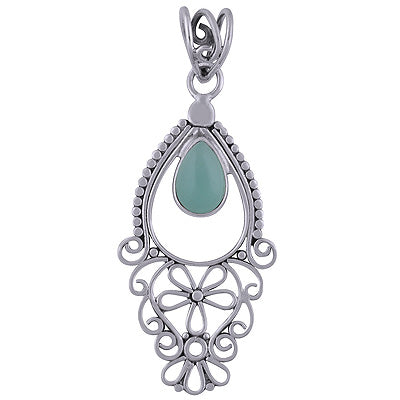 Beautiful Handmade Jali Work Aqua Chalcedony Pear Shape 925 Sterling Solid Silver Pendant - R101710-24