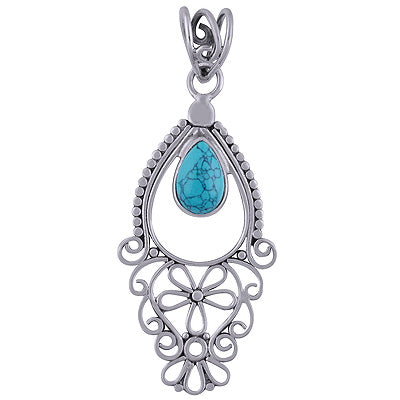 Beautiful Handmade Jali Work Turquoise Pear Shape 925 Sterling Solid Silver Pendant - R101710-5