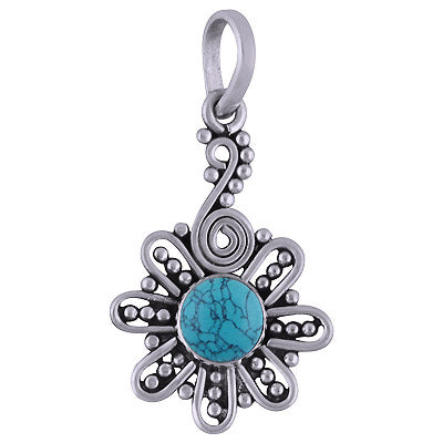 Alluring Rawa and Coil Work Flower Pattern Around Turquoise Round Shape 925 Sterling Solid Silver Pendant - R101711-21