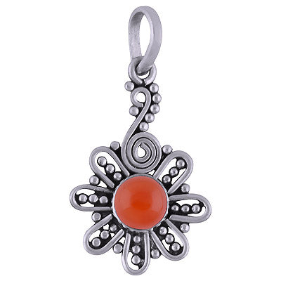 Alluring Rawa and Coil Work Flower Pattern Around Carnelian Round Shape 925 Sterling Solid Silver Pendant - R101711-64