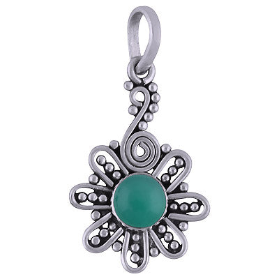 Alluring Rawa and Coil Work Flower Pattern Around Green Onyx Round Shape 925 Sterling Solid Silver Pendant - R101711-68