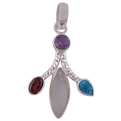 Rainbow Moonstone Druzy,Amethyst,Garnet,Blue Topaz 925 Sterling Silver Pendant - R101729-11