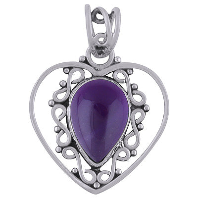 Alluring Heart with Rawa Work Around Amethyst Pear Shape 925 Sterling Solid Silver Pendant - R101738-1
