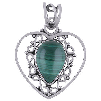 Alluring Heart with Rawa Work Around Malachite Pear Shape 925 Sterling Solid Silver Pendant - R101738-11