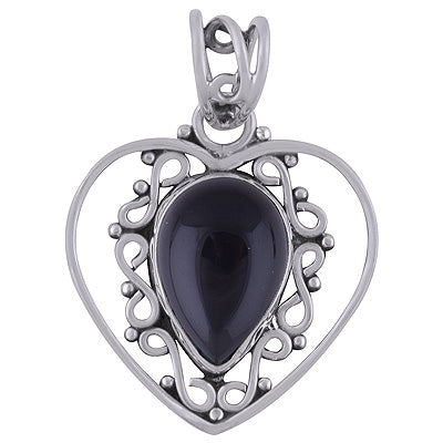 Alluring Heart with Rawa Work Around Black Onyx Pear Shape 925 Sterling Solid Silver Pendant - R101738-12