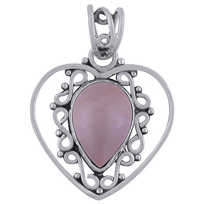 Alluring Heart with Rawa Work Around Rose Quartz Pear Shape 925 Sterling Solid Silver Pendant - R101738-15