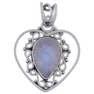 Alluring Heart with Rawa Work Around Rainbow Moonstone Pear Shape 925 Sterling Solid Silver Pendant - R101738-3