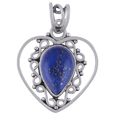 Alluring Heart with Rawa Work Around Lapis Pear Shape 925 Sterling Solid Silver Pendant - R101738-5