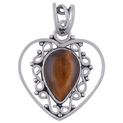 Alluring Heart with Rawa Work Around Tiger's Eye Pear Shape 925 Sterling Solid Silver Pendant - R101738-7