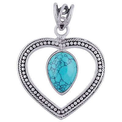 Gorgeous Twisted Wire & Rawa Work Around Turquoise Pear Shape 925 Sterling Solid Silver Pendant - R101739-2