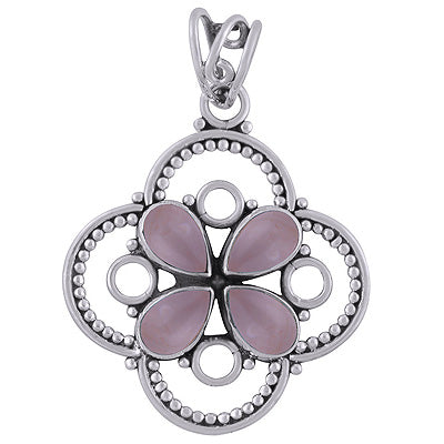 Alluring Flower w/ Wire & Rawa Work Around Rose Quartz Pear Shape 925 Sterling Solid Silver Pendants - R101740-14